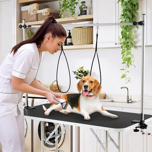 47'' Dog Grooming Table with Adjustable Arm & 2 Nooses, Foldable Pet Grooming Station with Non-Slip Waterproof Surface, Mesh Sto