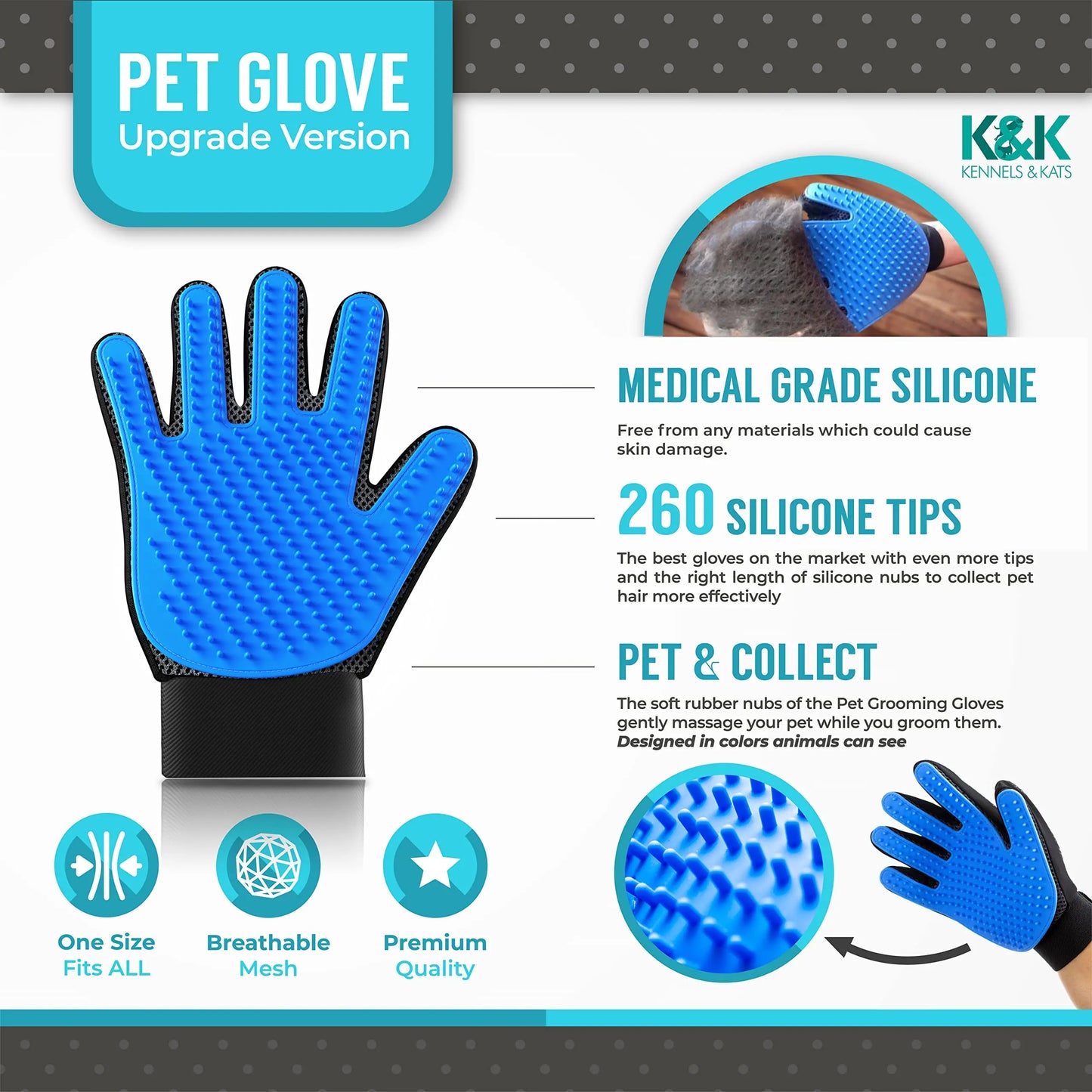 Pet Grooming Gloves | Deshedding Glove for Easy, Mess-Free Grooming | Grooming Mitt for Dogs, Cats, Rabbits & Horses with Long/S