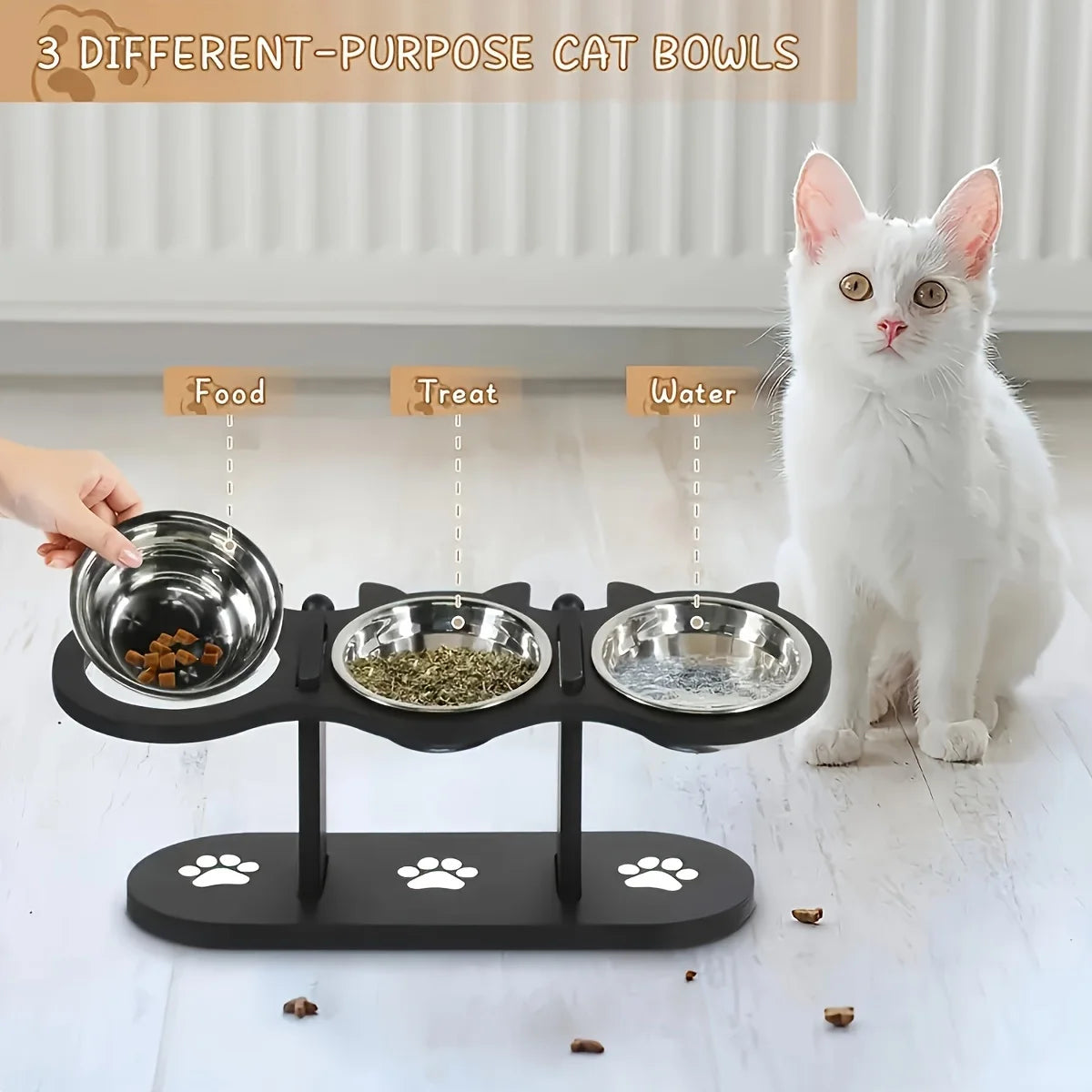 Elevated Cat Bowls 15° Tilted Raised Cat Food Bowls with Wooden Stand Anti Vomiting 3 Stainless Steel Bowls for Cats and Puppy
