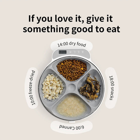 Automatic feeder for wet food, four pet feeders for different foods, dry and wet food cat feeding bowl with ice packs