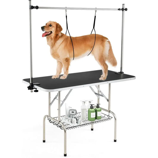 47'' Dog Grooming Table with Adjustable Arm & 2 Nooses, Foldable Pet Grooming Station with Non-Slip Waterproof Surface, Mesh Sto