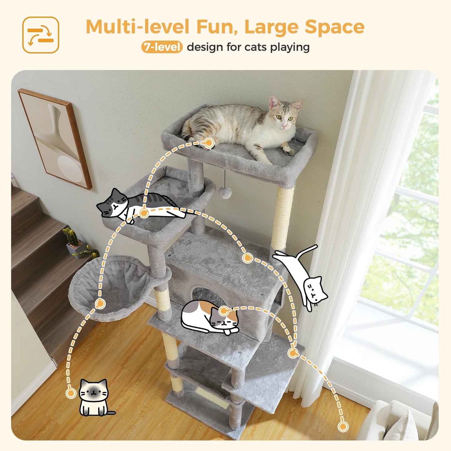 Large Cat Tree for Indoor Cats Multi-Level Cat Tower with Scratching Posts Soft Hammock Large Cat Condo Cat Accessories Cat Toys