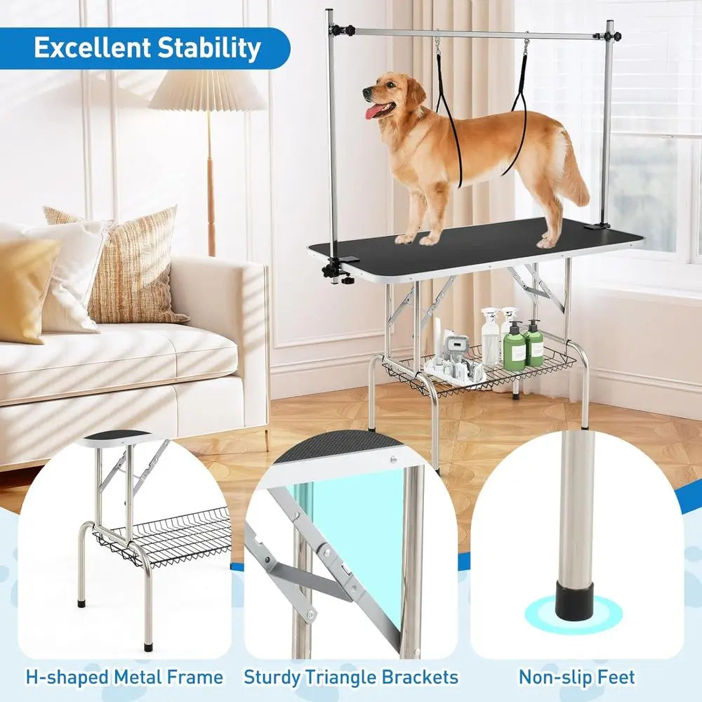 47'' Dog Grooming Table with Adjustable Arm & 2 Nooses, Foldable Pet Grooming Station with Non-Slip Waterproof Surface, Mesh Sto