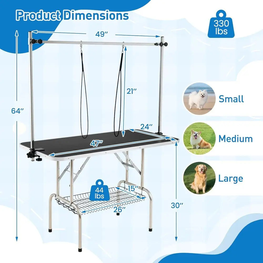 47'' Dog Grooming Table with Adjustable Arm & 2 Nooses, Foldable Pet Grooming Station with Non-Slip Waterproof Surface, Mesh Sto