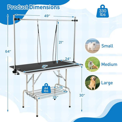 47'' Dog Grooming Table with Adjustable Arm & 2 Nooses, Foldable Pet Grooming Station with Non-Slip Waterproof Surface, Mesh Sto