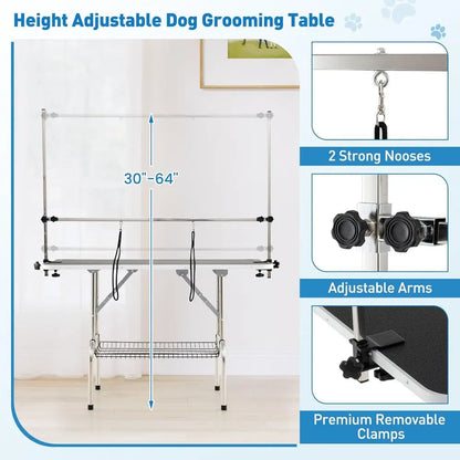 47'' Dog Grooming Table with Adjustable Arm & 2 Nooses, Foldable Pet Grooming Station with Non-Slip Waterproof Surface, Mesh Sto